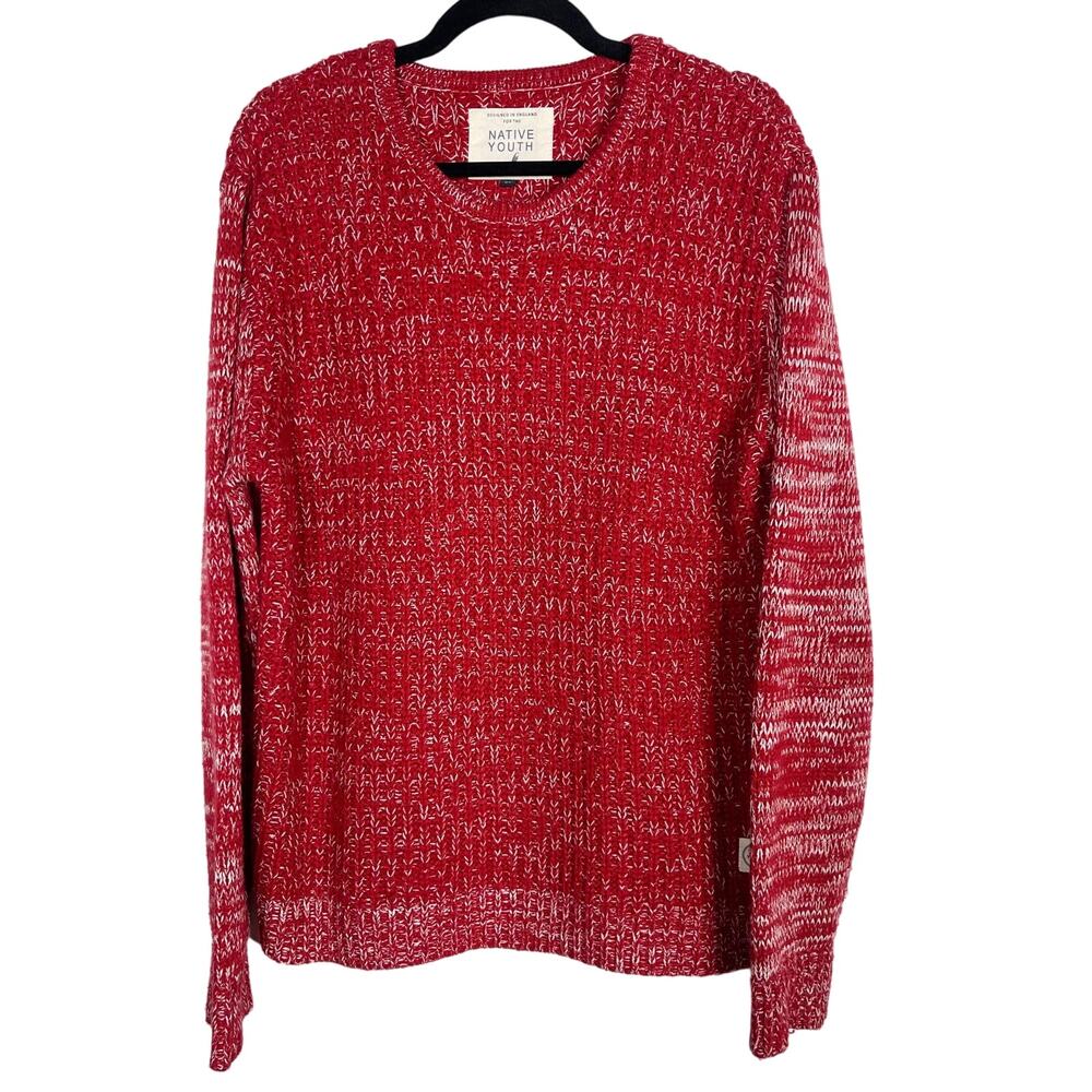 Native Youth Mens XLarge XL Red Contrast Sleeve Pullover Sweater Crew Neck Marl